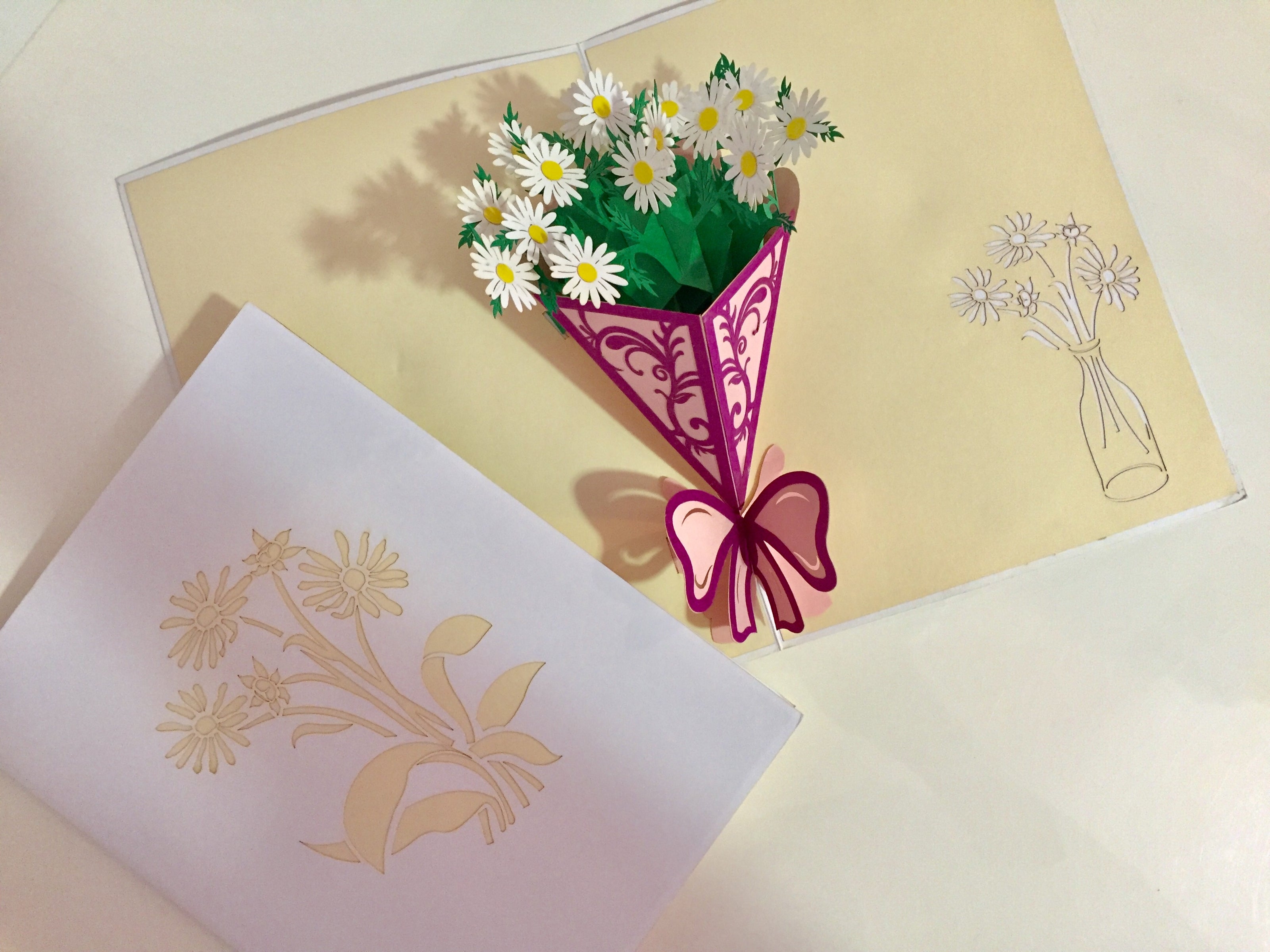 White Daisy Bouquet Wrapped in Purple Ribbon Perfect for Spring Season Origami Pop Cards 3D Pop Up Greeting Card Happy Birthday Thank You Handmade Gift Thinking of You Blank Card for Any Occasion Happy Mother's Day Australiana Celebrate the Beauty