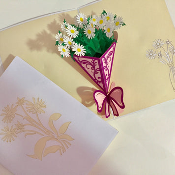 White Daisy Bouquet Wrapped in Purple Ribbon Perfect for Spring Season Origami Pop Cards 3D Pop Up Greeting Card Happy Birthday Thank You Handmade Gift Thinking of You Blank Card for Any Occasion Happy Mother's Day Australiana Celebrate the Beauty