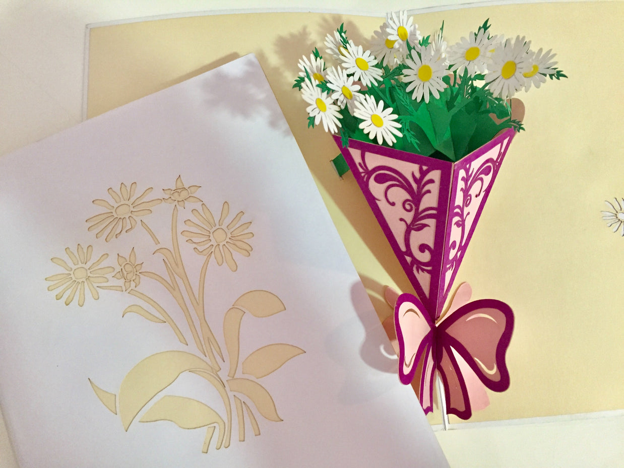 White Daisy Bouquet Wrapped in Purple Ribbon Perfect for Spring Season Origami Pop Cards 3D Pop Up Greeting Card Happy Birthday Thank You Handmade Gift Thinking of You Blank Card for Any Occasion Happy Mother's Day Australiana Celebrate the Beauty