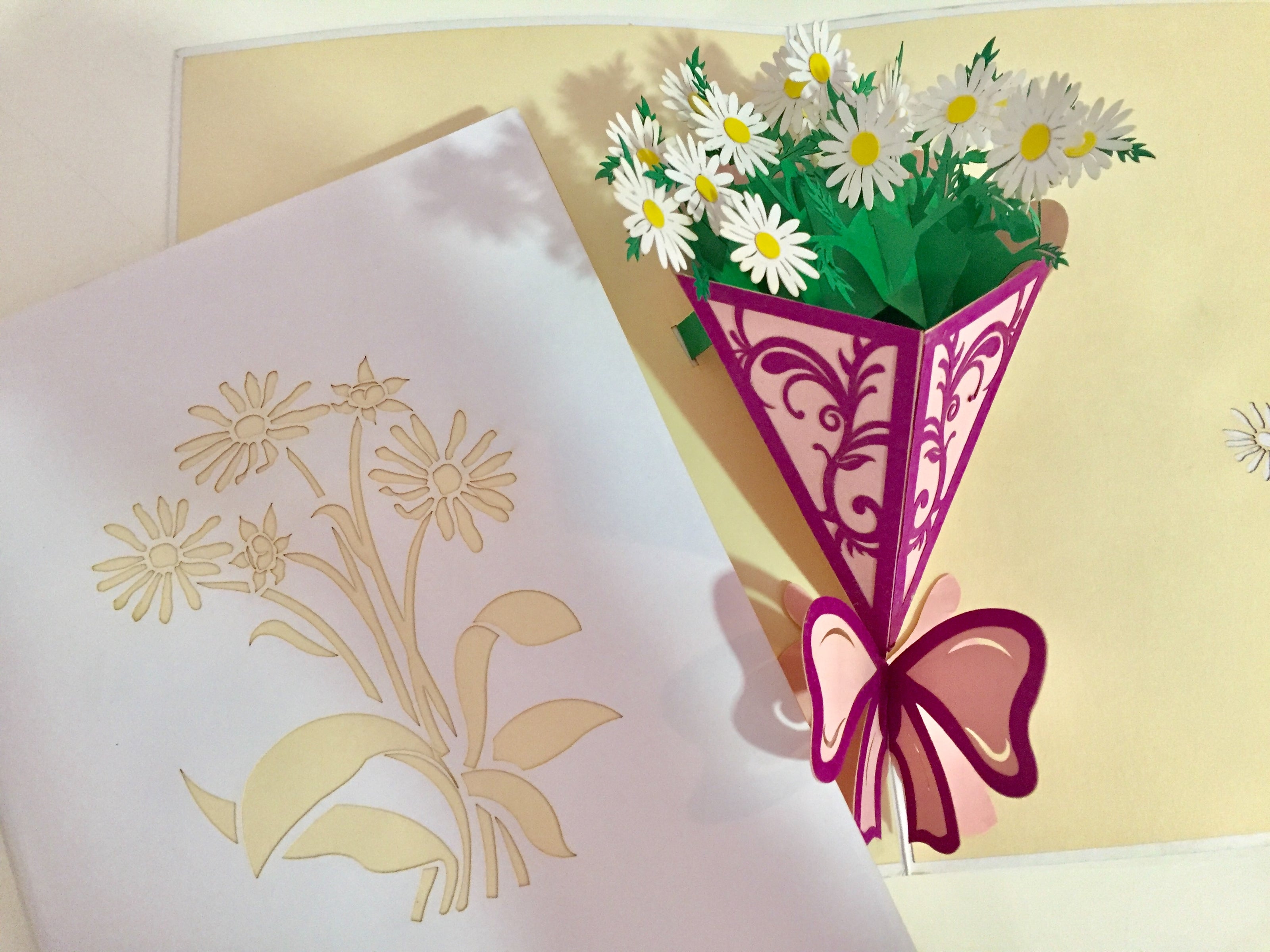 White Daisy Bouquet Wrapped in Purple Ribbon Perfect for Spring Season Origami Pop Cards 3D Pop Up Greeting Card Happy Birthday Thank You Handmade Gift Thinking of You Blank Card for Any Occasion Happy Mother's Day Australiana Celebrate the Beauty