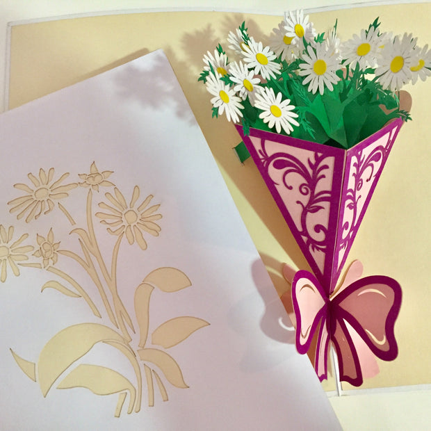 White Daisy Bouquet Wrapped in Purple Ribbon Perfect for Spring Season Origami Pop Cards 3D Pop Up Greeting Card Happy Birthday Thank You Handmade Gift Thinking of You Blank Card for Any Occasion Happy Mother's Day Australiana Celebrate the Beauty