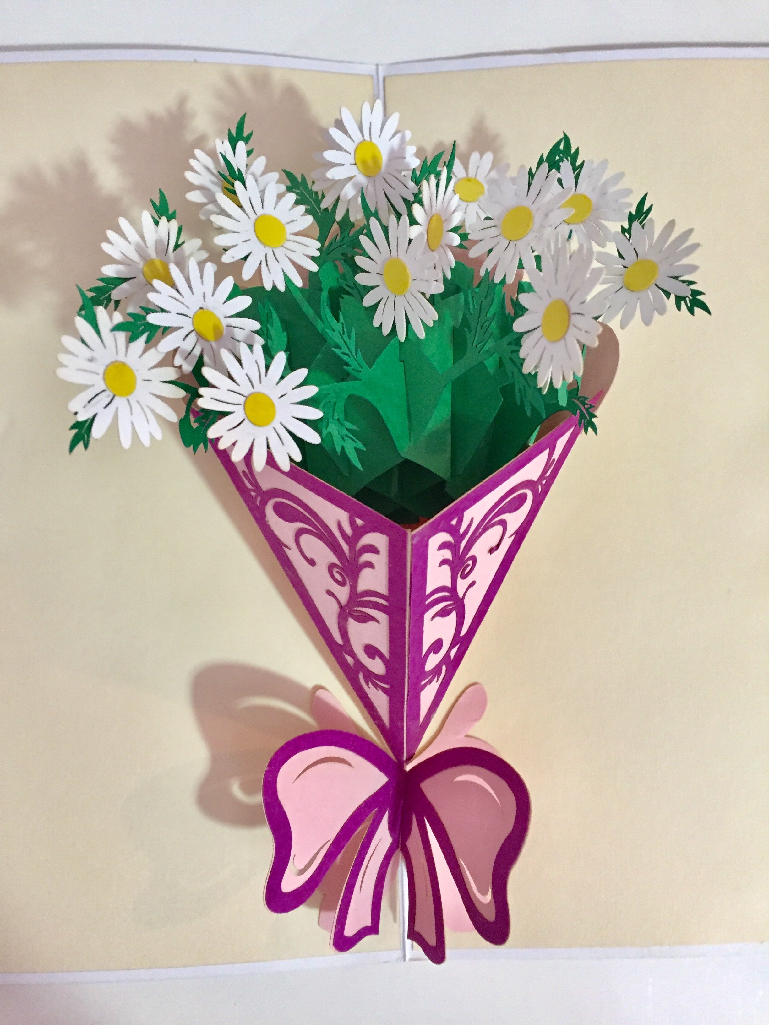 White Daisy Bouquet Wrapped in Purple Ribbon Perfect for Spring Season Origami Pop Cards 3D Pop Up Greeting Card Happy Birthday Thank You Handmade Gift Thinking of You Blank Card for Any Occasion Happy Mother's Day Australiana Celebrate the Beauty