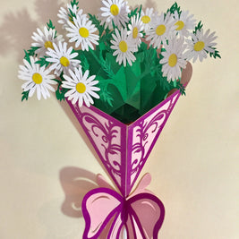 White Daisy Bouquet Wrapped in Purple Ribbon Perfect for Spring Season Origami Pop Cards 3D Pop Up Greeting Card Happy Birthday Thank You Handmade Gift Thinking of You Blank Card for Any Occasion Happy Mother's Day Australiana Celebrate the Beauty
