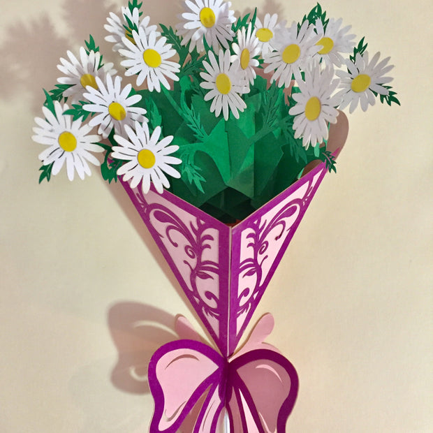 White Daisy Bouquet Wrapped in Purple Ribbon Perfect for Spring Season Origami Pop Cards 3D Pop Up Greeting Card Happy Birthday Thank You Handmade Gift Thinking of You Blank Card for Any Occasion Happy Mother's Day Australiana Celebrate the Beauty