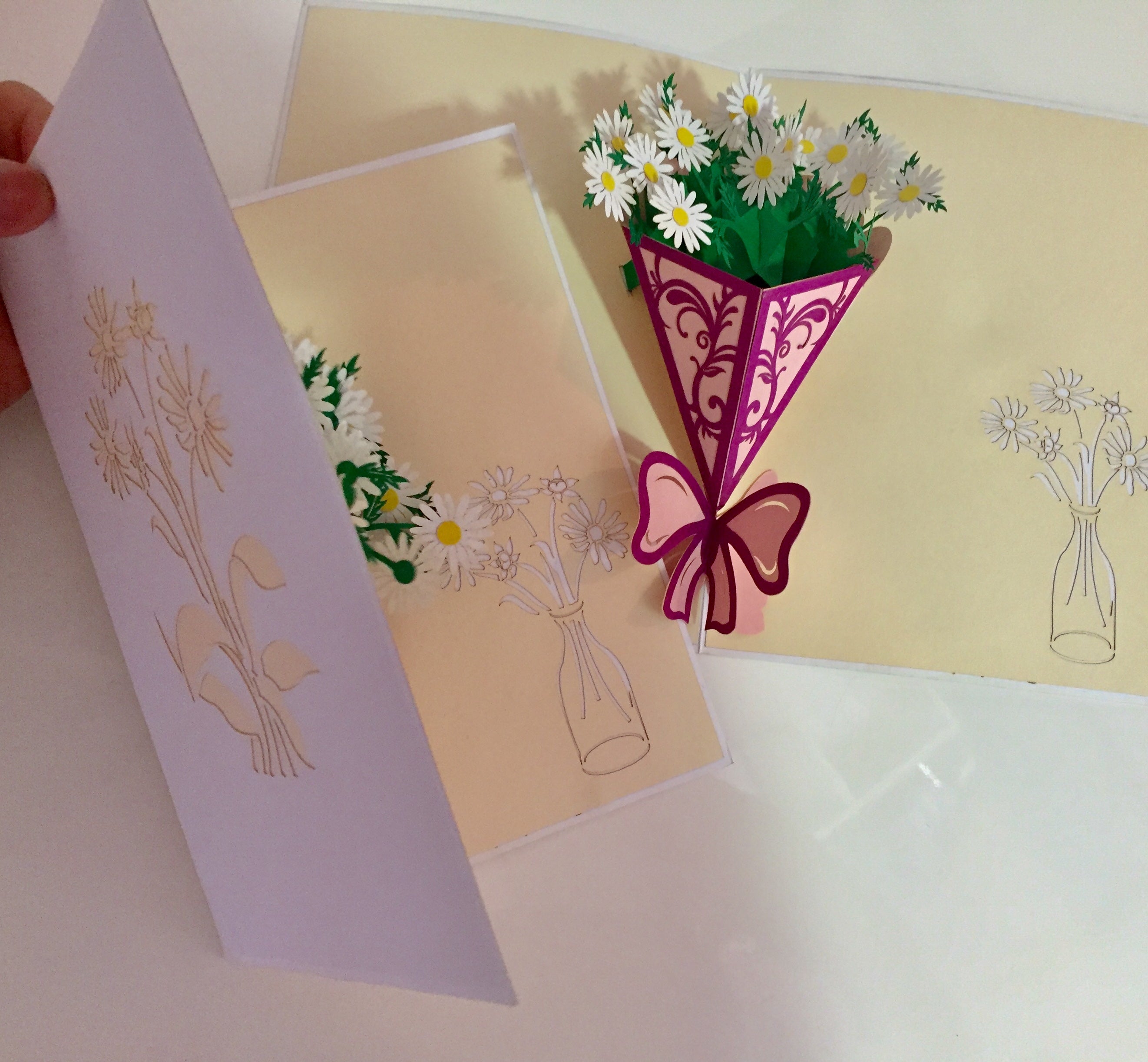 White Daisy Bouquet Wrapped in Purple Ribbon Perfect for Spring Season Origami Pop Cards 3D Pop Up Greeting Card Happy Birthday Thank You Handmade Gift Thinking of You Blank Card for Any Occasion Happy Mother's Day Australiana Celebrate the Beauty