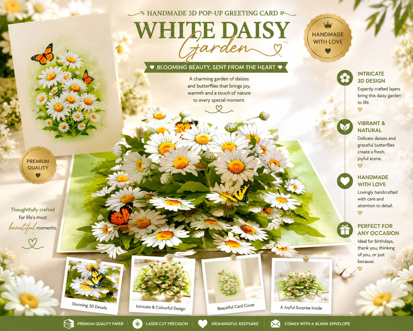 White Daisy Garden with Butterflies Origami Pop Cards 3D Pop Up Greeting Card Happy Birthday Thank You Handmade Gift Thinking of You Blank Card for Any Occasion Happy Mother's Day Happy Father's Australiana Celebrate the Beauty of Flower