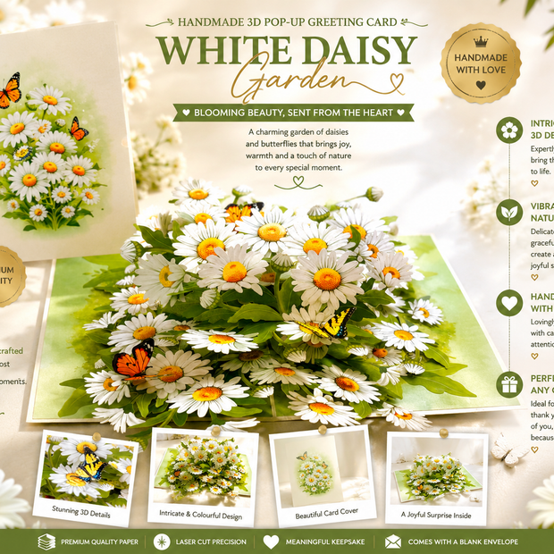 White Daisy Garden with Butterflies Origami Pop Cards 3D Pop Up Greeting Card Happy Birthday Thank You Handmade Gift Thinking of You Blank Card for Any Occasion Happy Mother's Day Happy Father's Australiana Celebrate the Beauty of Flower