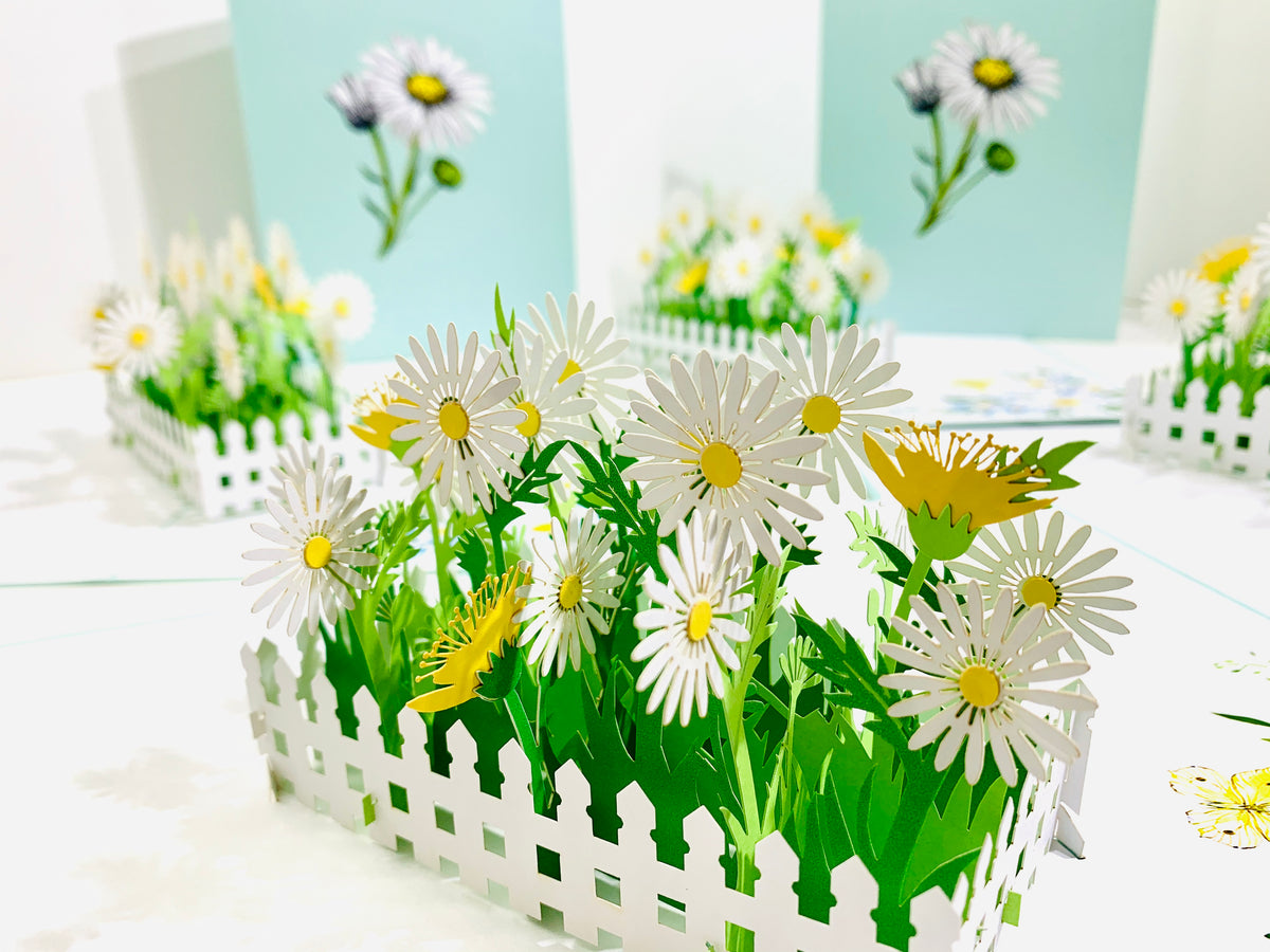 White Daisy Garden Pop Up Card - Bellis Perennis the simplicity & classic "English Daisy" Card Origami Pop Cards 3D Pop Up Greeting Card Happy Birthday Thank You Handmade Gift Thinking of You Blank Card for Any Occasion Happy Mother's Day
