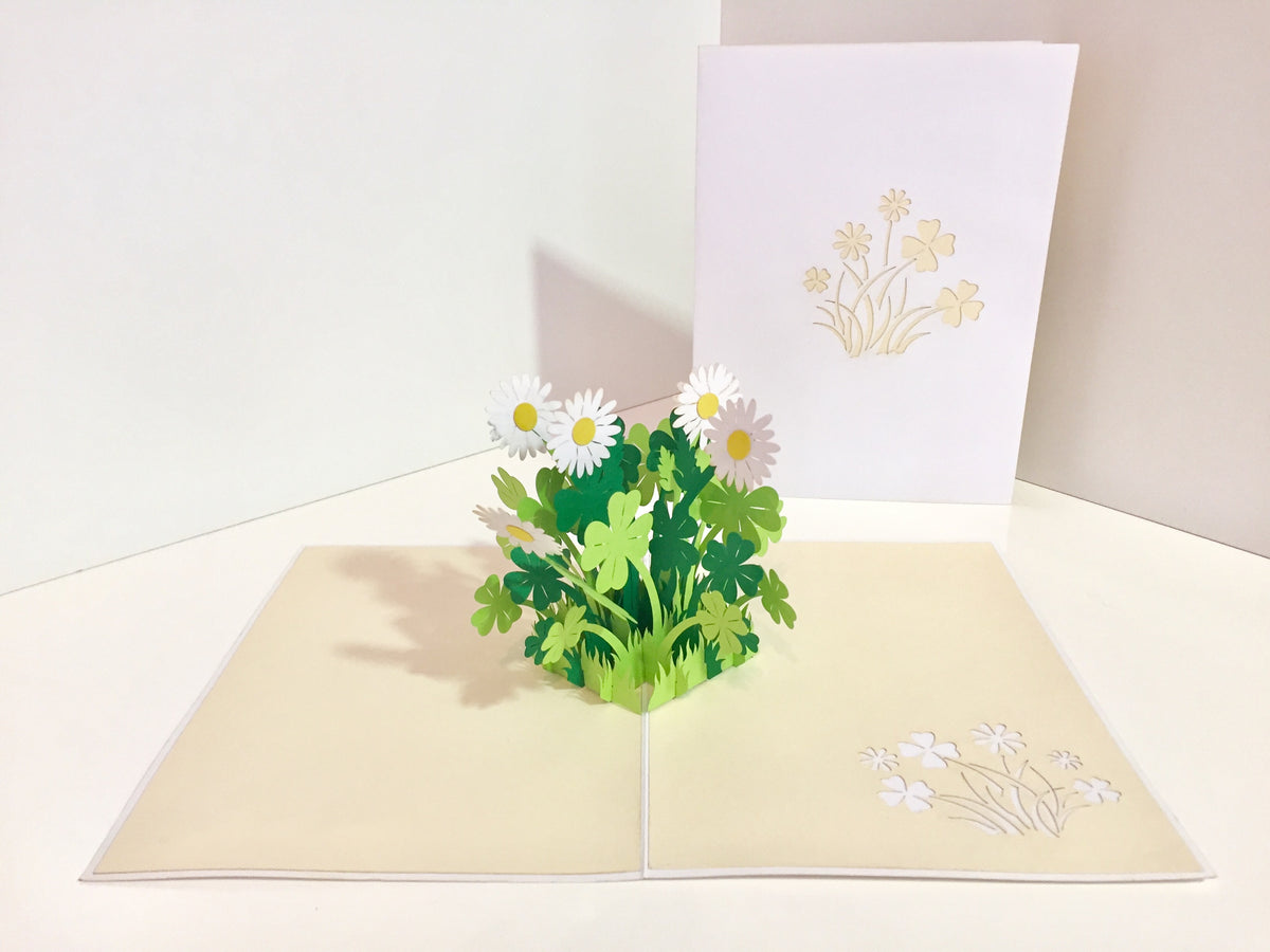 White Daisy & Clover Pop Up Card - Bellis Perennis the simplicity & classic 