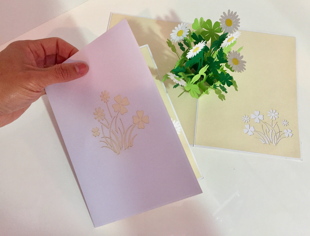 White Daisy & Clover Pop Up Card - Bellis Perennis the simplicity & classic 