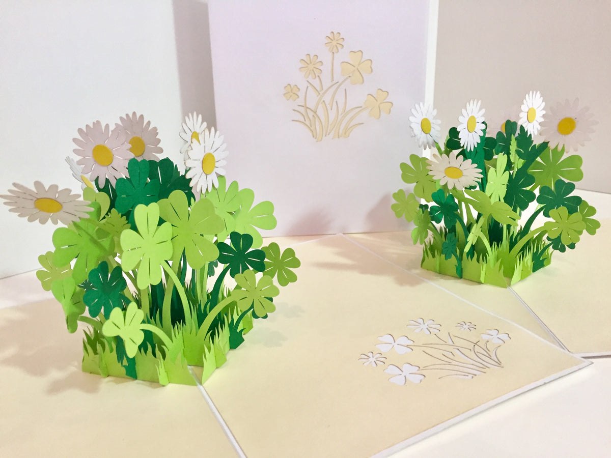 White Daisy & Clover Pop Up Card - Bellis Perennis the simplicity & classic 