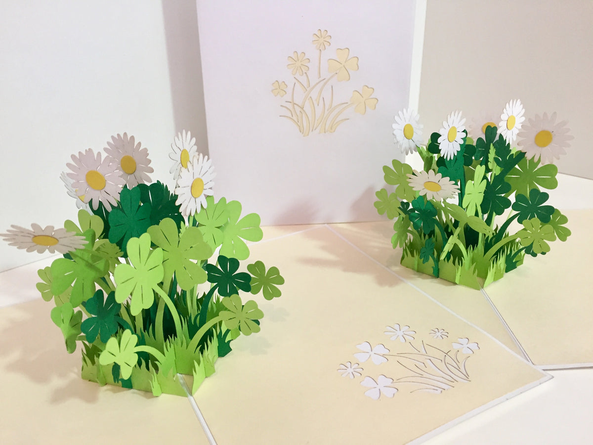 White Daisy & Clover Pop Up Card - Bellis Perennis the simplicity & classic 