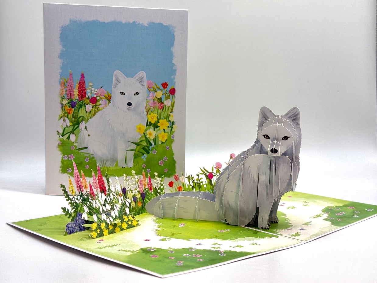 White Fox on Spring Flower Fields Origami Pop Cards 3D Pop Up Greeting Card Best Wishes Happy Birthday Gift Thank You Handmade Best Wishes Blank Card for Any Occasion Happy Mother's Day Happy Father's Day Celebrate the Beauty Of Nature and Fox