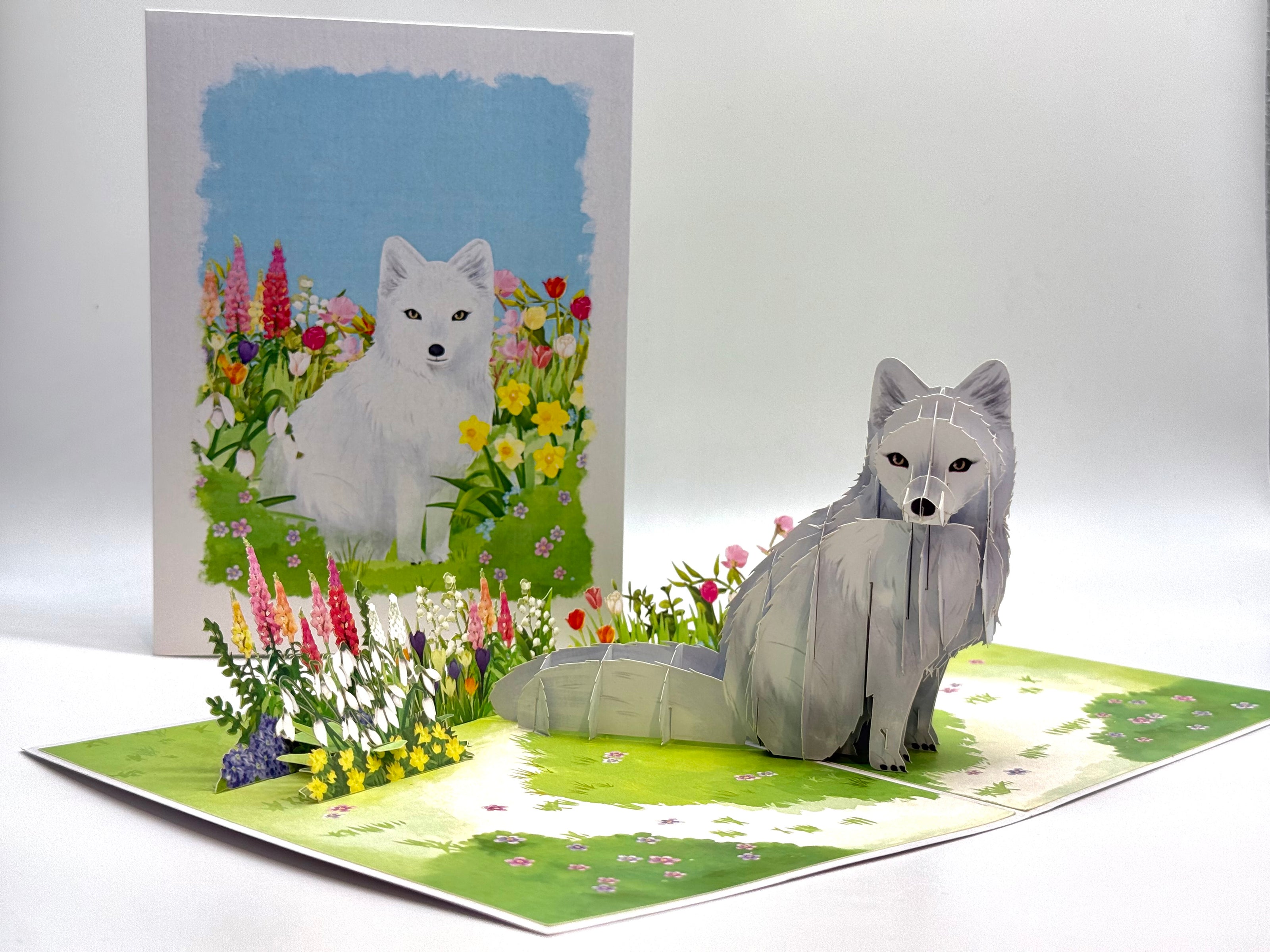 White Fox on Spring Flower Fields Origami Pop Cards 3D Pop Up Greeting Card Best Wishes Happy Birthday Gift Thank You Handmade Best Wishes Blank Card for Any Occasion Happy Mother's Day Happy Father's Day Celebrate the Beauty Of Nature and Fox