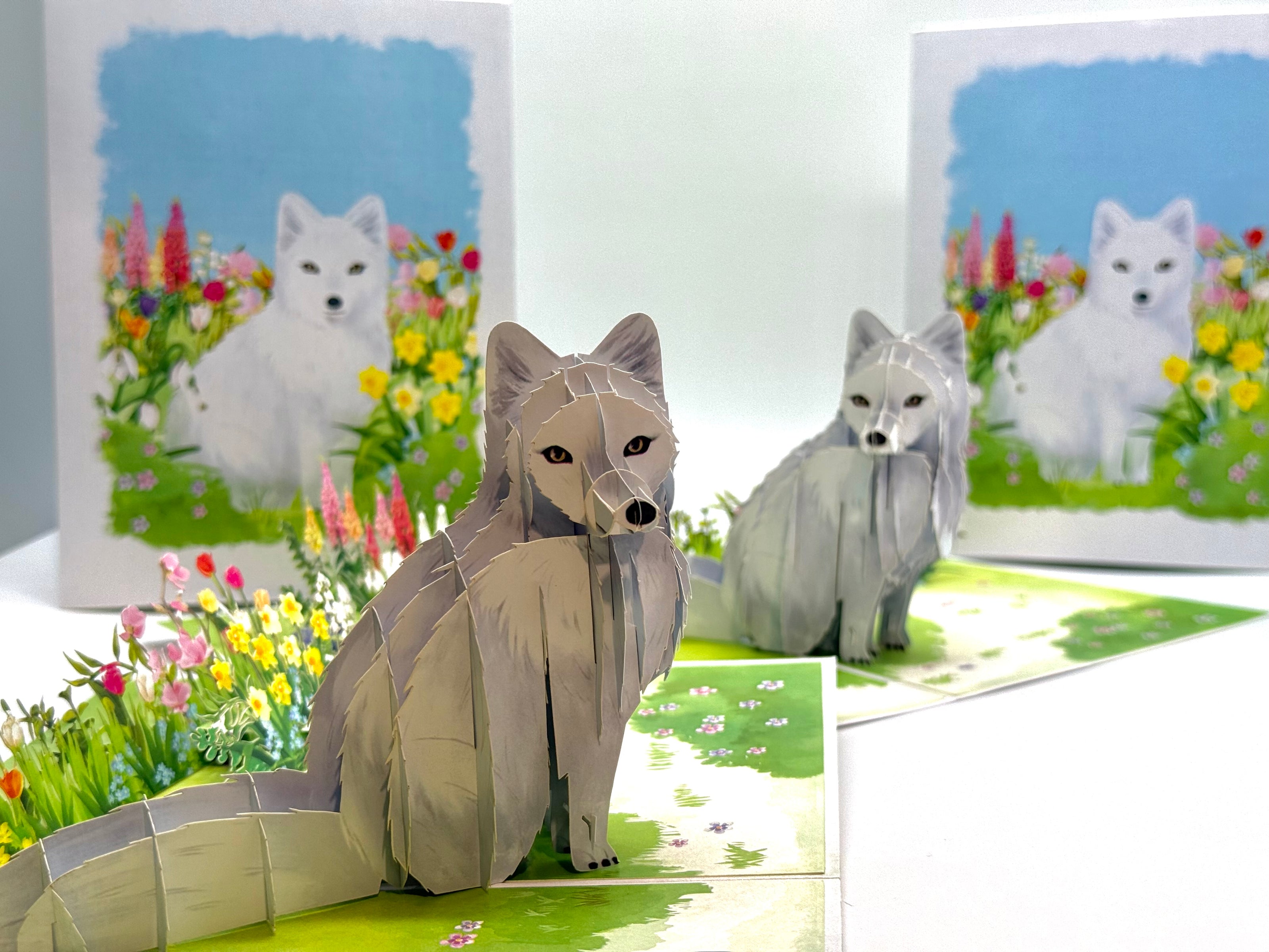 White Fox on Spring Flower Fields Origami Pop Cards 3D Pop Up Greeting Card Best Wishes Happy Birthday Gift Thank You Handmade Best Wishes Blank Card for Any Occasion Happy Mother's Day Happy Father's Day Celebrate the Beauty Of Nature and Fox