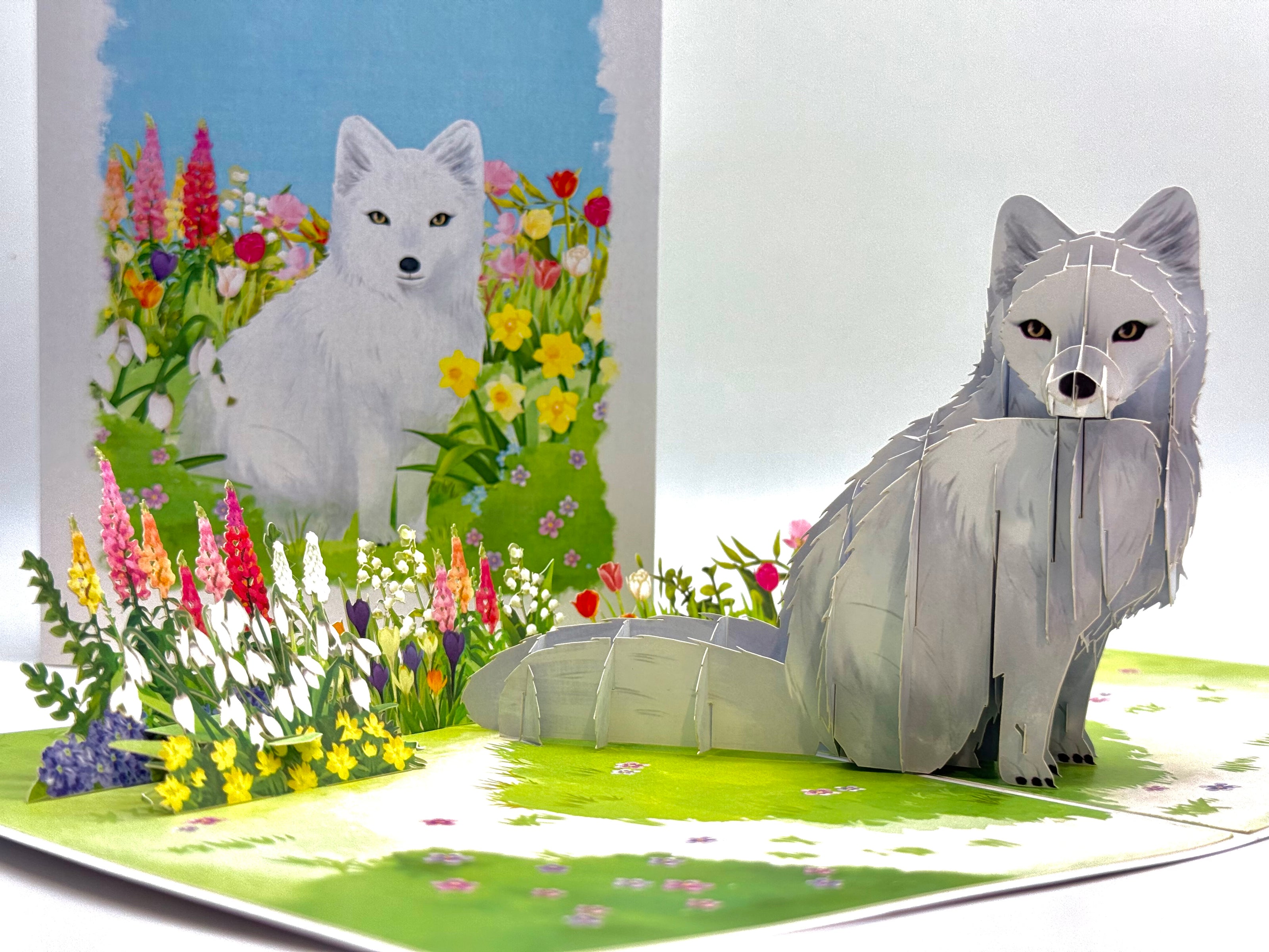 White Fox on Spring Flower Fields Origami Pop Cards 3D Pop Up Greeting Card Best Wishes Happy Birthday Gift Thank You Handmade Best Wishes Blank Card for Any Occasion Happy Mother's Day Happy Father's Day Celebrate the Beauty Of Nature and Fox