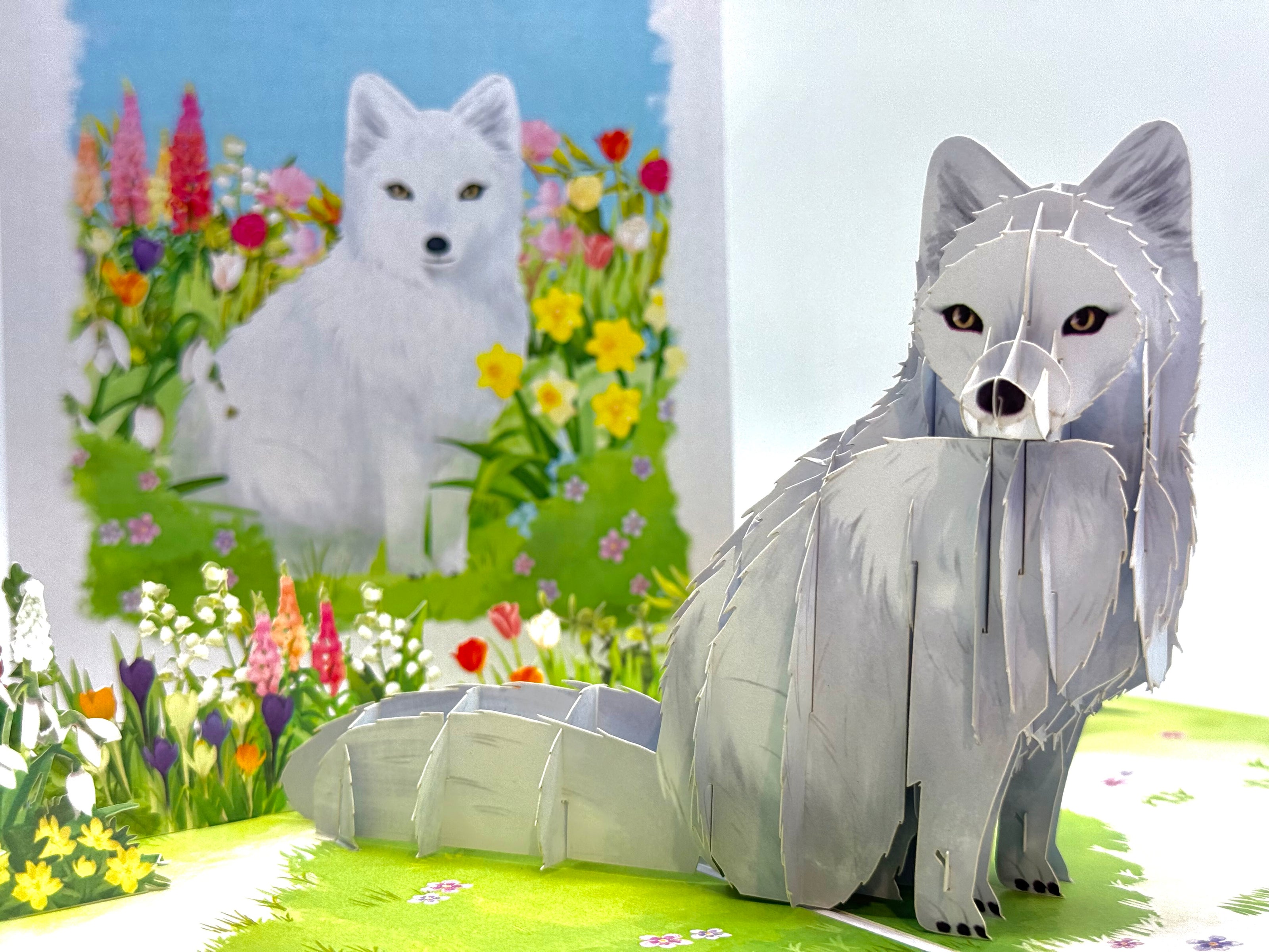 White Fox on Spring Flower Fields Origami Pop Cards 3D Pop Up Greeting Card Best Wishes Happy Birthday Gift Thank You Handmade Best Wishes Blank Card for Any Occasion Happy Mother's Day Happy Father's Day Celebrate the Beauty Of Nature and Fox