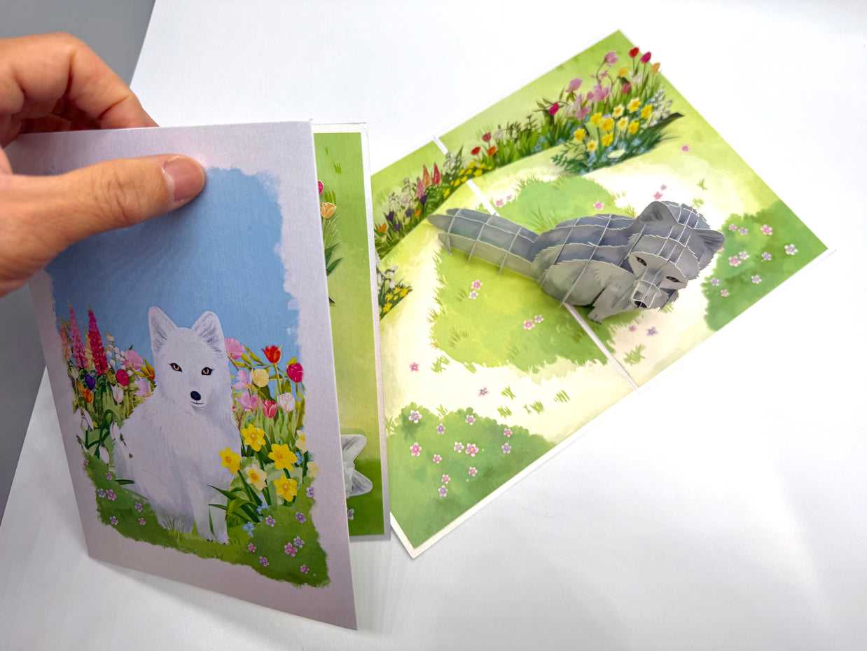 White Fox on Spring Flower Fields Origami Pop Cards 3D Pop Up Greeting Card Best Wishes Happy Birthday Gift Thank You Handmade Best Wishes Blank Card for Any Occasion Happy Mother's Day Happy Father's Day Celebrate the Beauty Of Nature and Fox