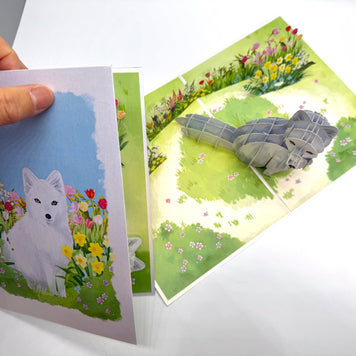 White Fox on Spring Flower Fields Origami Pop Cards 3D Pop Up Greeting Card Best Wishes Happy Birthday Gift Thank You Handmade Best Wishes Blank Card for Any Occasion Happy Mother's Day Happy Father's Day Celebrate the Beauty Of Nature and Fox