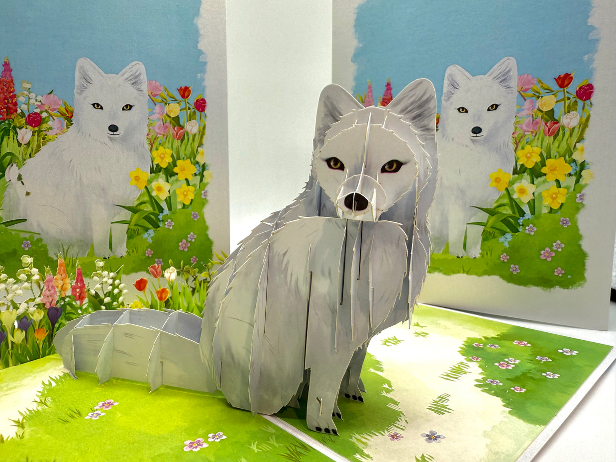 White Fox on Spring Flower Fields Origami Pop Cards 3D Pop Up Greeting Card Best Wishes Happy Birthday Gift Thank You Handmade Best Wishes Blank Card for Any Occasion Happy Mother's Day Happy Father's Day Celebrate the Beauty Of Nature and Fox