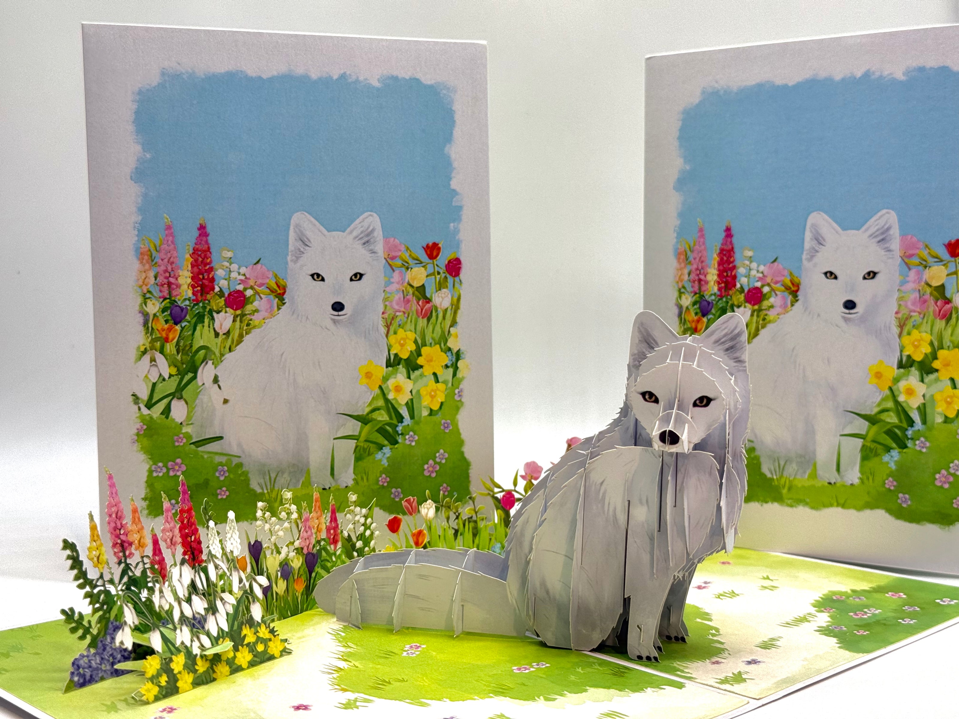 White Fox on Spring Flower Fields Origami Pop Cards 3D Pop Up Greeting Card Best Wishes Happy Birthday Gift Thank You Handmade Best Wishes Blank Card for Any Occasion Happy Mother's Day Happy Father's Day Celebrate the Beauty Of Nature and Fox