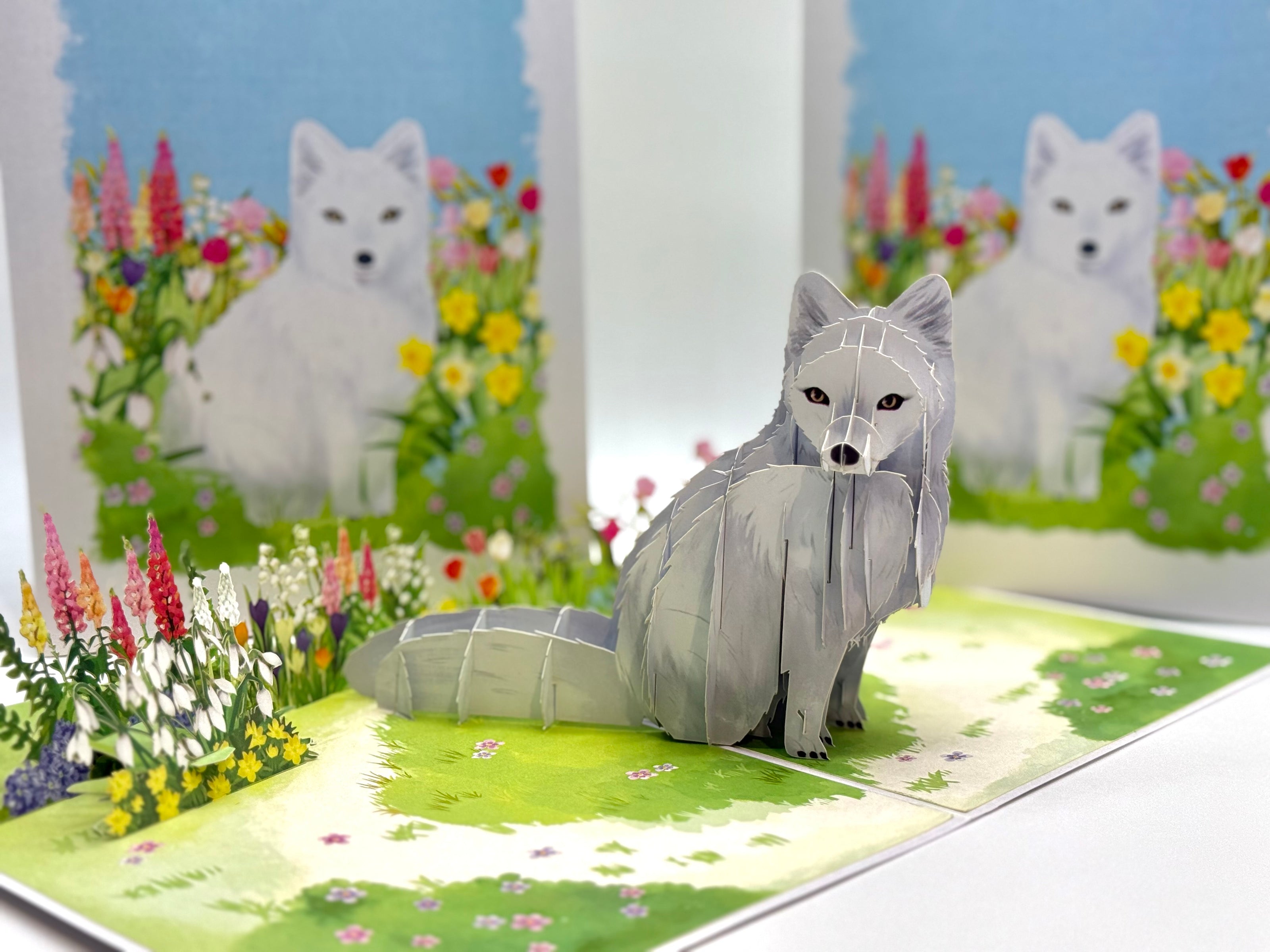 White Fox on Spring Flower Fields Origami Pop Cards 3D Pop Up Greeting Card Best Wishes Happy Birthday Gift Thank You Handmade Best Wishes Blank Card for Any Occasion Happy Mother's Day Happy Father's Day Celebrate the Beauty Of Nature and Fox