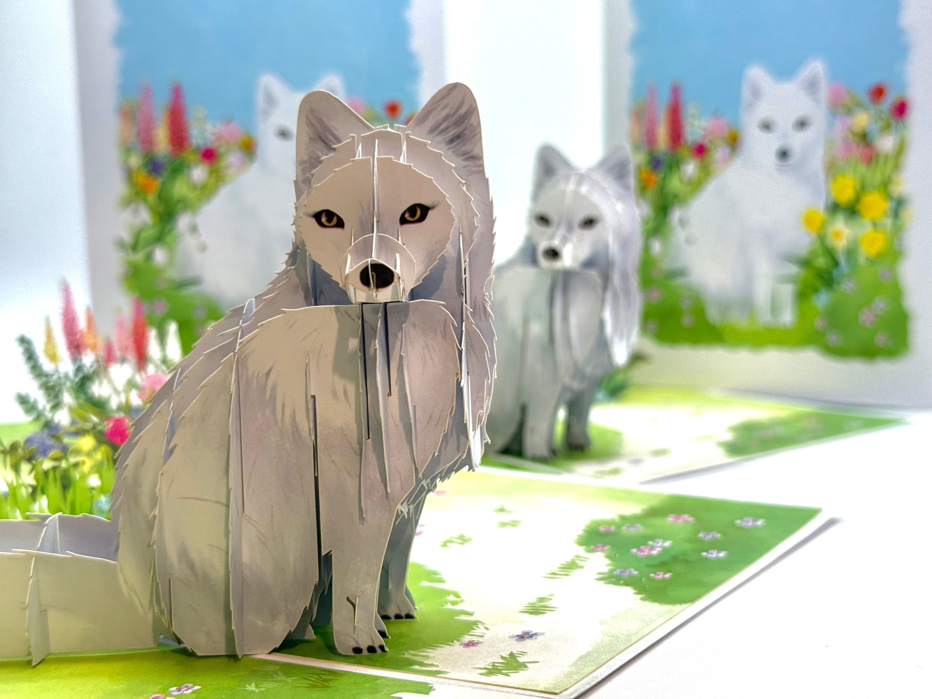 White Fox on Spring Flower Fields Origami Pop Cards 3D Pop Up Greeting Card Best Wishes Happy Birthday Gift Thank You Handmade Best Wishes Blank Card for Any Occasion Happy Mother's Day Happy Father's Day Celebrate the Beauty Of Nature and Fox