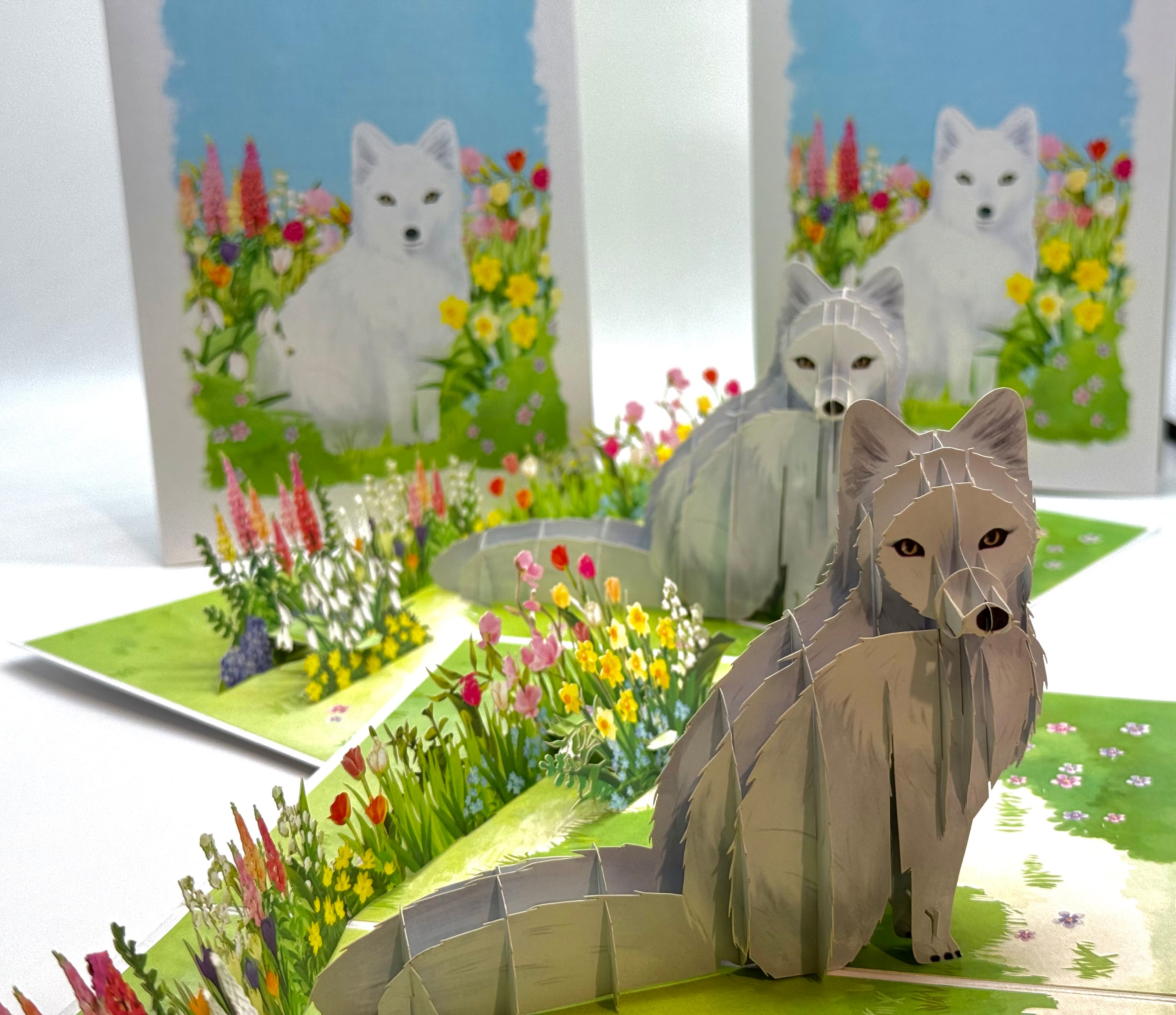 White Fox on Spring Flower Fields Origami Pop Cards 3D Pop Up Greeting Card Best Wishes Happy Birthday Gift Thank You Handmade Best Wishes Blank Card for Any Occasion Happy Mother's Day Happy Father's Day Celebrate the Beauty Of Nature and Fox