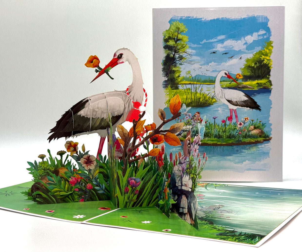 White Stork Bird in Lake with Spring Flowers Origami Pop Cards 3D Pop Up Greeting Card Best Wishes Happy Birthday Gift Thank You Handmade Best Wishes Blank Card for Any Occasion Happy Mother's Day Happy Father's Day Celebrate the Beauty Of Nature