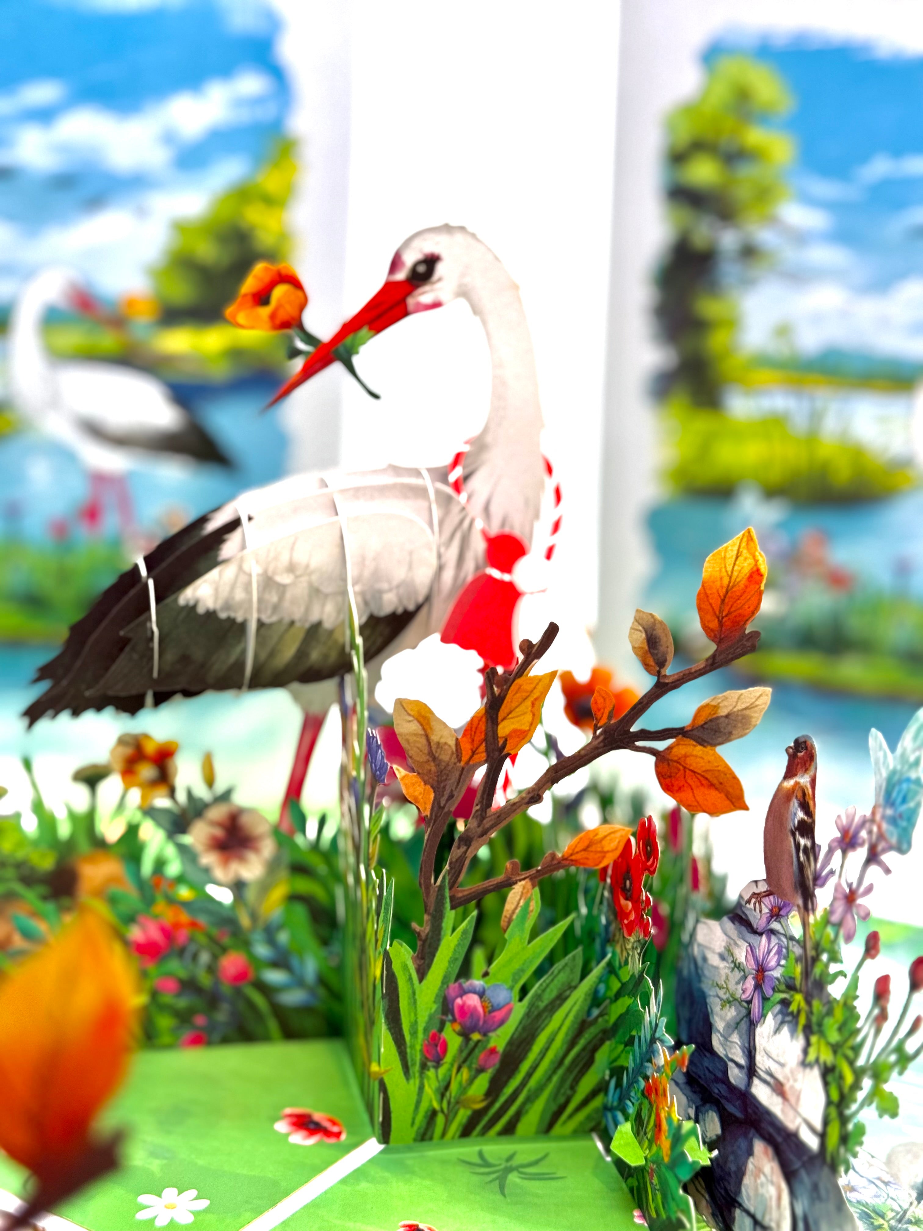 White Stork Bird in Lake with Spring Flowers Origami Pop Cards 3D Pop Up Greeting Card Best Wishes Happy Birthday Gift Thank You Handmade Best Wishes Blank Card for Any Occasion Happy Mother's Day Happy Father's Day Celebrate the Beauty Of Nature