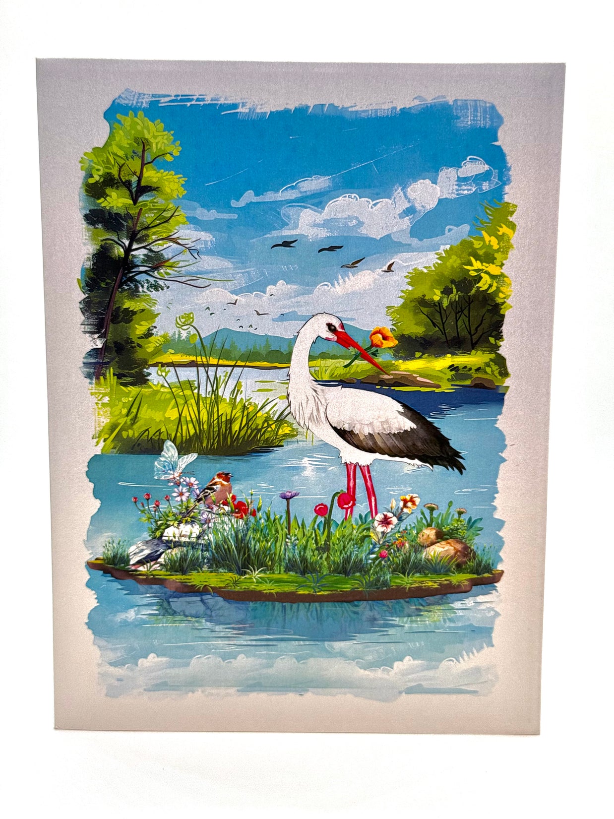 White Stork Bird in Lake with Spring Flowers Origami Pop Cards 3D Pop Up Greeting Card Best Wishes Happy Birthday Gift Thank You Handmade Best Wishes Blank Card for Any Occasion Happy Mother's Day Happy Father's Day Celebrate the Beauty Of Nature
