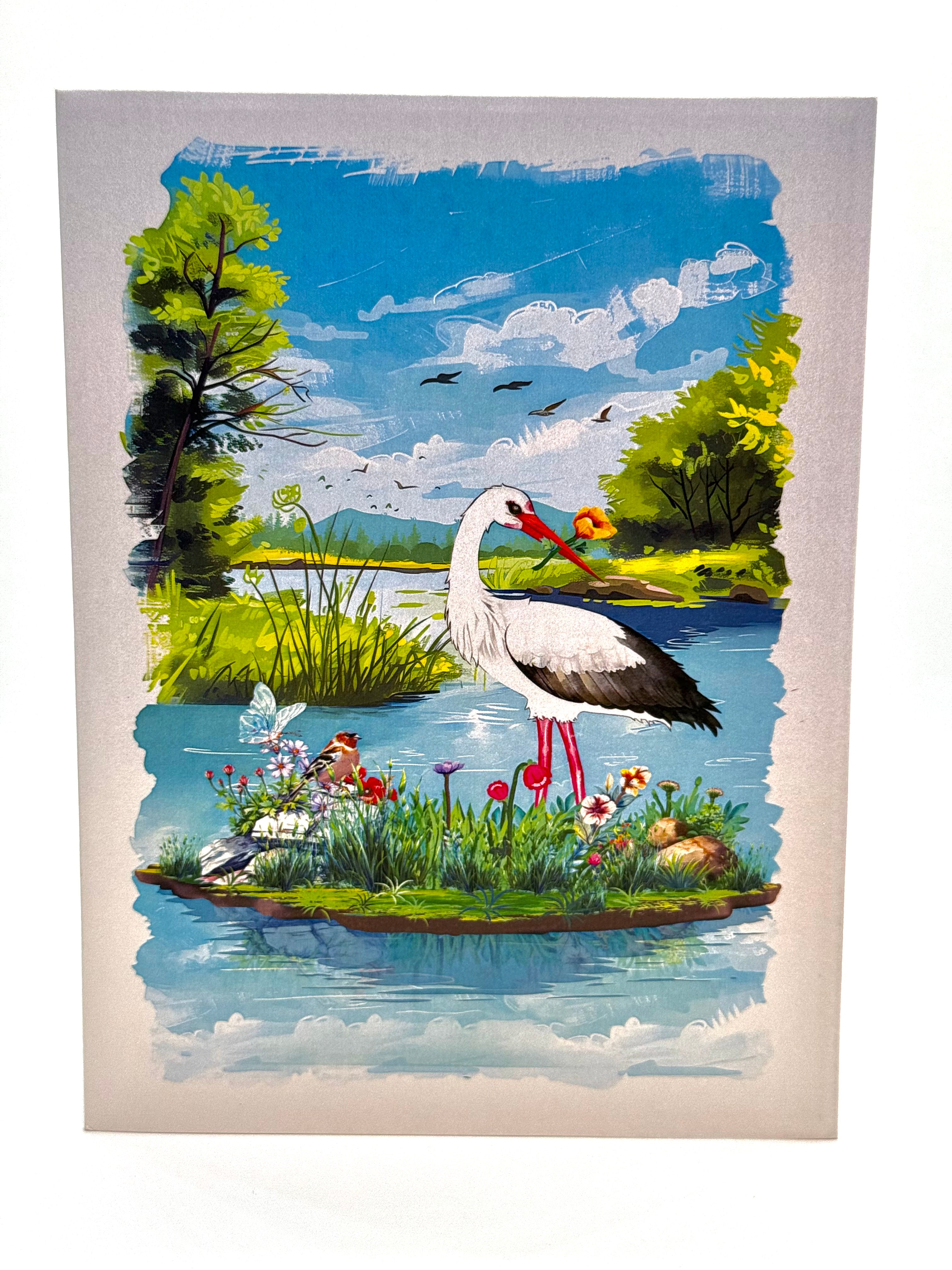 White Stork Bird in Lake with Spring Flowers Origami Pop Cards 3D Pop Up Greeting Card Best Wishes Happy Birthday Gift Thank You Handmade Best Wishes Blank Card for Any Occasion Happy Mother's Day Happy Father's Day Celebrate the Beauty Of Nature