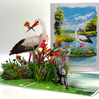 White Stork Bird in Lake with Spring Flowers Origami Pop Cards 3D Pop Up Greeting Card Best Wishes Happy Birthday Gift Thank You Handmade Best Wishes Blank Card for Any Occasion Happy Mother's Day Happy Father's Day Celebrate the Beauty Of Nature