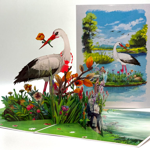 White Stork Bird in Lake with Spring Flowers Origami Pop Cards 3D Pop Up Greeting Card Best Wishes Happy Birthday Gift Thank You Handmade Best Wishes Blank Card for Any Occasion Happy Mother's Day Happy Father's Day Celebrate the Beauty Of Nature