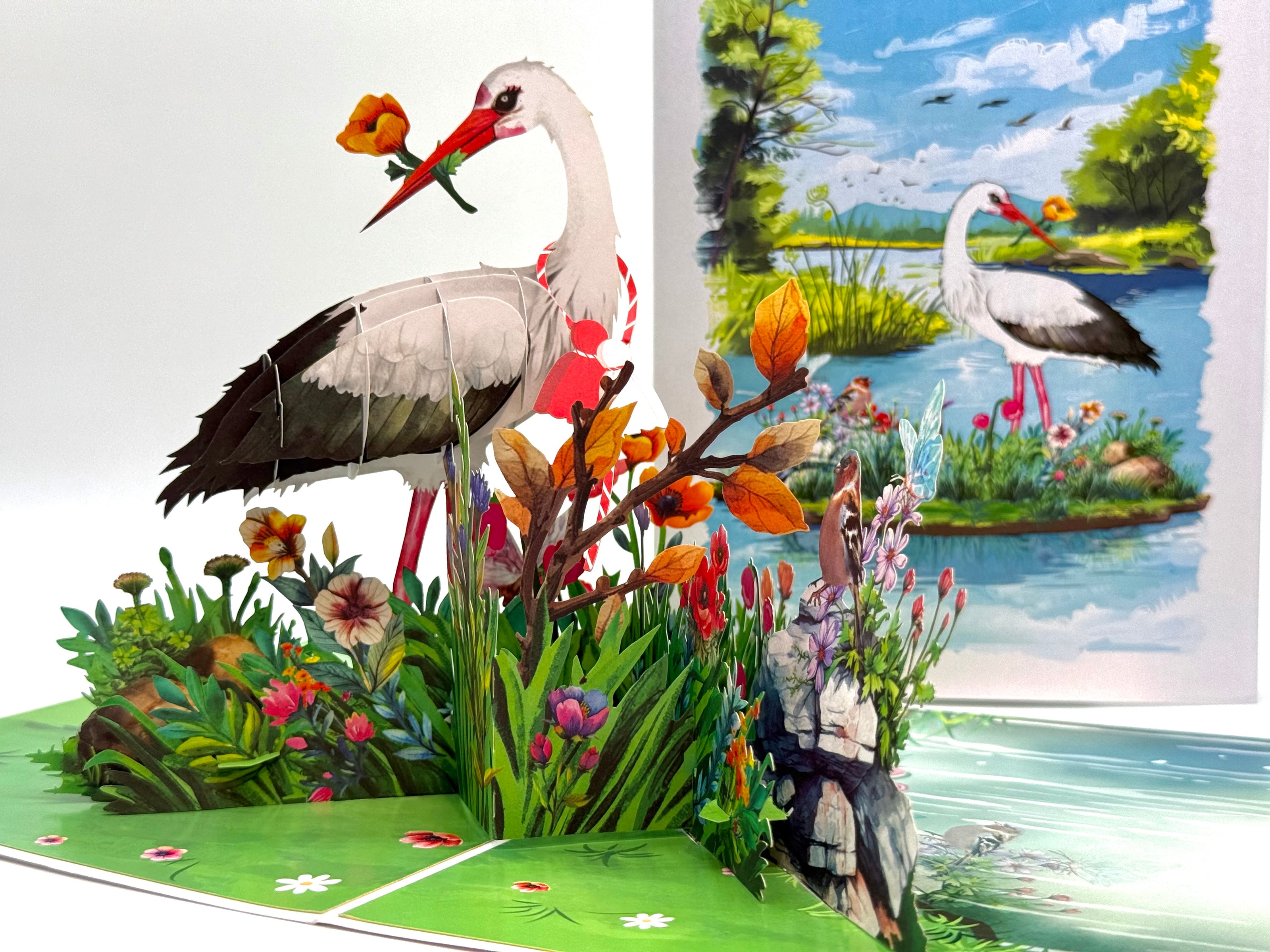 White Stork Bird in Lake with Spring Flowers Origami Pop Cards 3D Pop Up Greeting Card Best Wishes Happy Birthday Gift Thank You Handmade Best Wishes Blank Card for Any Occasion Happy Mother's Day Happy Father's Day Celebrate the Beauty Of Nature