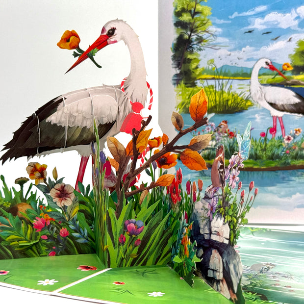White Stork Bird in Lake with Spring Flowers Origami Pop Cards 3D Pop Up Greeting Card Best Wishes Happy Birthday Gift Thank You Handmade Best Wishes Blank Card for Any Occasion Happy Mother's Day Happy Father's Day Celebrate the Beauty Of Nature