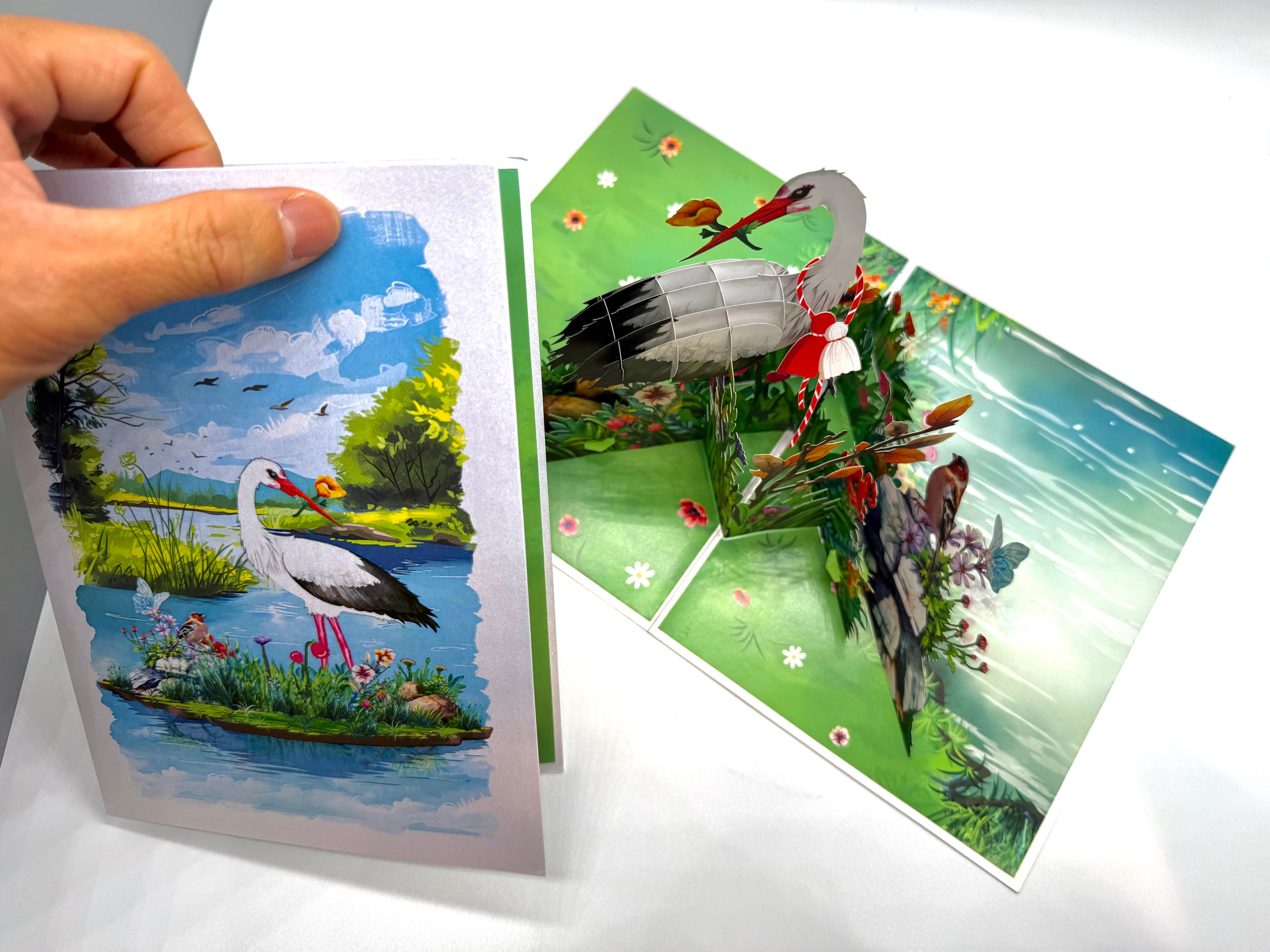 White Stork Bird in Lake with Spring Flowers Origami Pop Cards 3D Pop Up Greeting Card Best Wishes Happy Birthday Gift Thank You Handmade Best Wishes Blank Card for Any Occasion Happy Mother's Day Happy Father's Day Celebrate the Beauty Of Nature