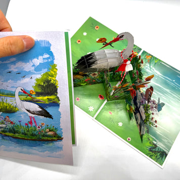 White Stork Bird in Lake with Spring Flowers Origami Pop Cards 3D Pop Up Greeting Card Best Wishes Happy Birthday Gift Thank You Handmade Best Wishes Blank Card for Any Occasion Happy Mother's Day Happy Father's Day Celebrate the Beauty Of Nature