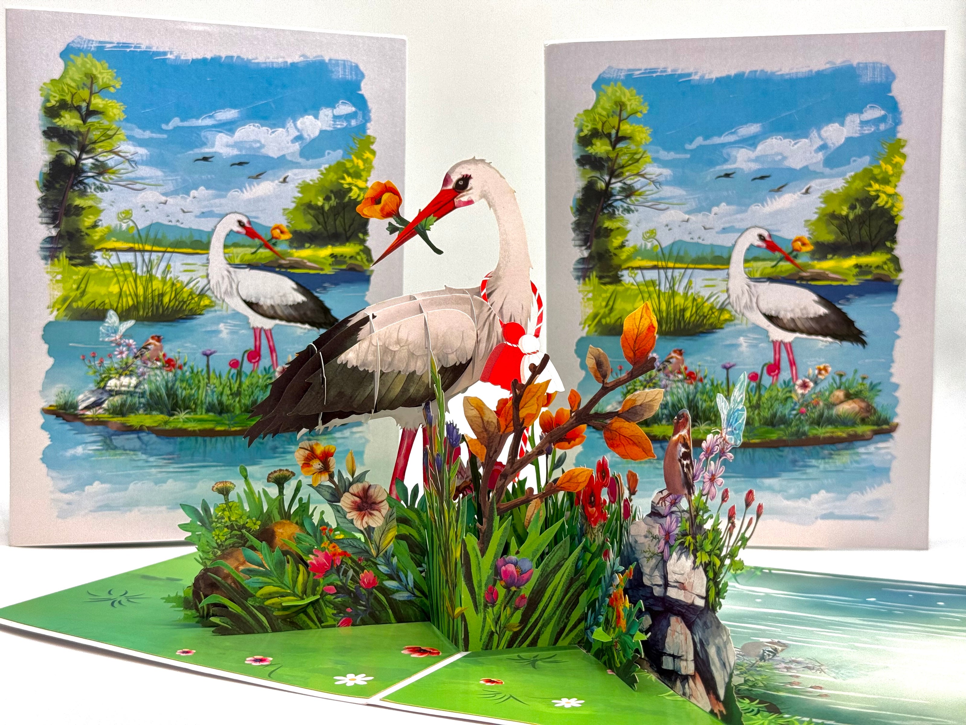 White Stork Bird in Lake with Spring Flowers Origami Pop Cards 3D Pop Up Greeting Card Best Wishes Happy Birthday Gift Thank You Handmade Best Wishes Blank Card for Any Occasion Happy Mother's Day Happy Father's Day Celebrate the Beauty Of Nature