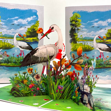 White Stork Bird in Lake with Spring Flowers Origami Pop Cards 3D Pop Up Greeting Card Best Wishes Happy Birthday Gift Thank You Handmade Best Wishes Blank Card for Any Occasion Happy Mother's Day Happy Father's Day Celebrate the Beauty Of Nature