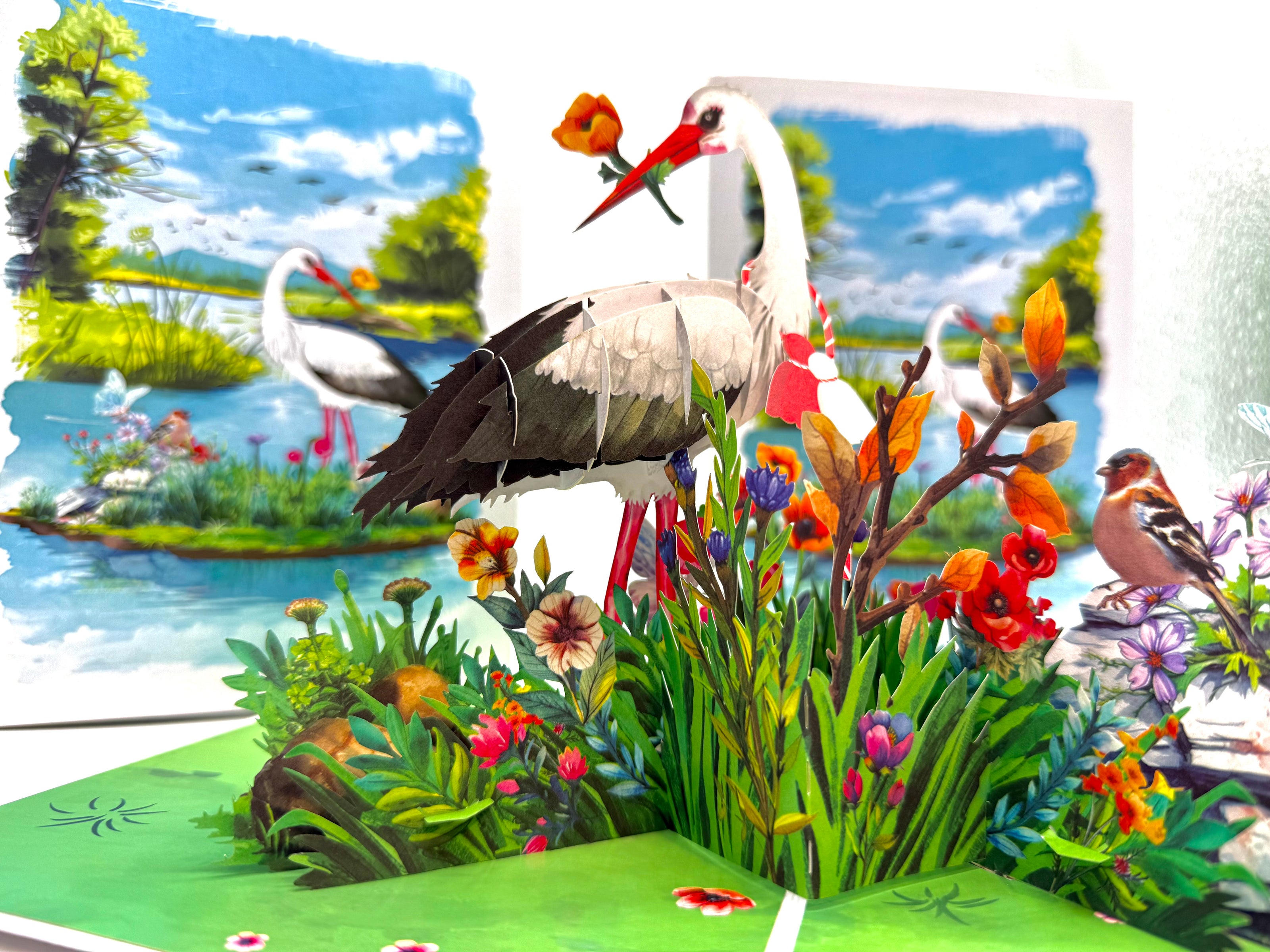 White Stork Bird in Lake with Spring Flowers Origami Pop Cards 3D Pop Up Greeting Card Best Wishes Happy Birthday Gift Thank You Handmade Best Wishes Blank Card for Any Occasion Happy Mother's Day Happy Father's Day Celebrate the Beauty Of Nature