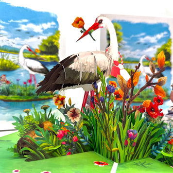 White Stork Bird in Lake with Spring Flowers Origami Pop Cards 3D Pop Up Greeting Card Best Wishes Happy Birthday Gift Thank You Handmade Best Wishes Blank Card for Any Occasion Happy Mother's Day Happy Father's Day Celebrate the Beauty Of Nature