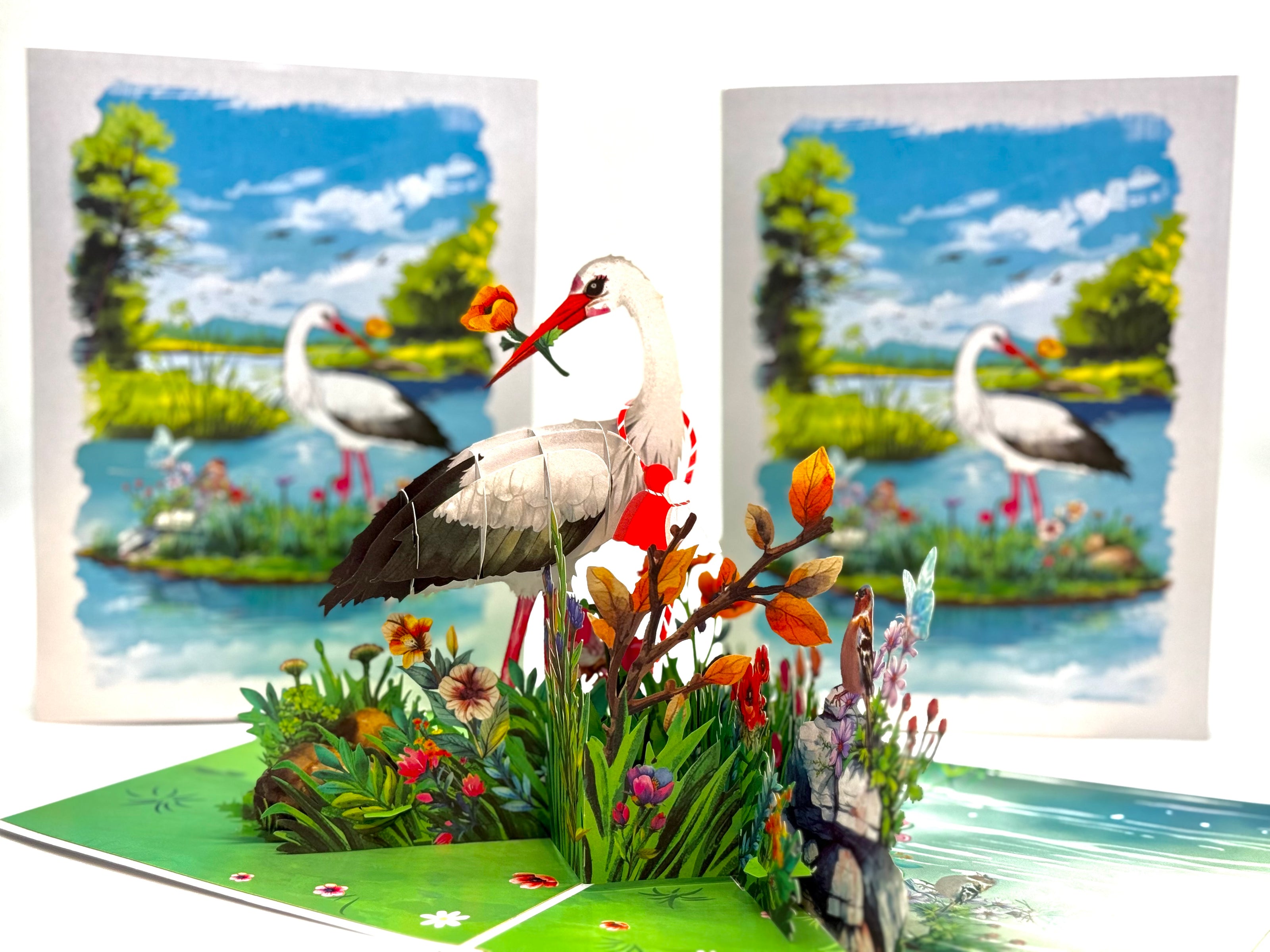 White Stork Bird in Lake with Spring Flowers Origami Pop Cards 3D Pop Up Greeting Card Best Wishes Happy Birthday Gift Thank You Handmade Best Wishes Blank Card for Any Occasion Happy Mother's Day Happy Father's Day Celebrate the Beauty Of Nature