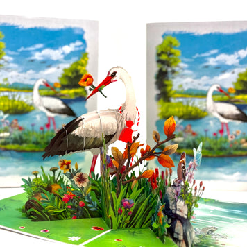 White Stork Bird in Lake with Spring Flowers Origami Pop Cards 3D Pop Up Greeting Card Best Wishes Happy Birthday Gift Thank You Handmade Best Wishes Blank Card for Any Occasion Happy Mother's Day Happy Father's Day Celebrate the Beauty Of Nature