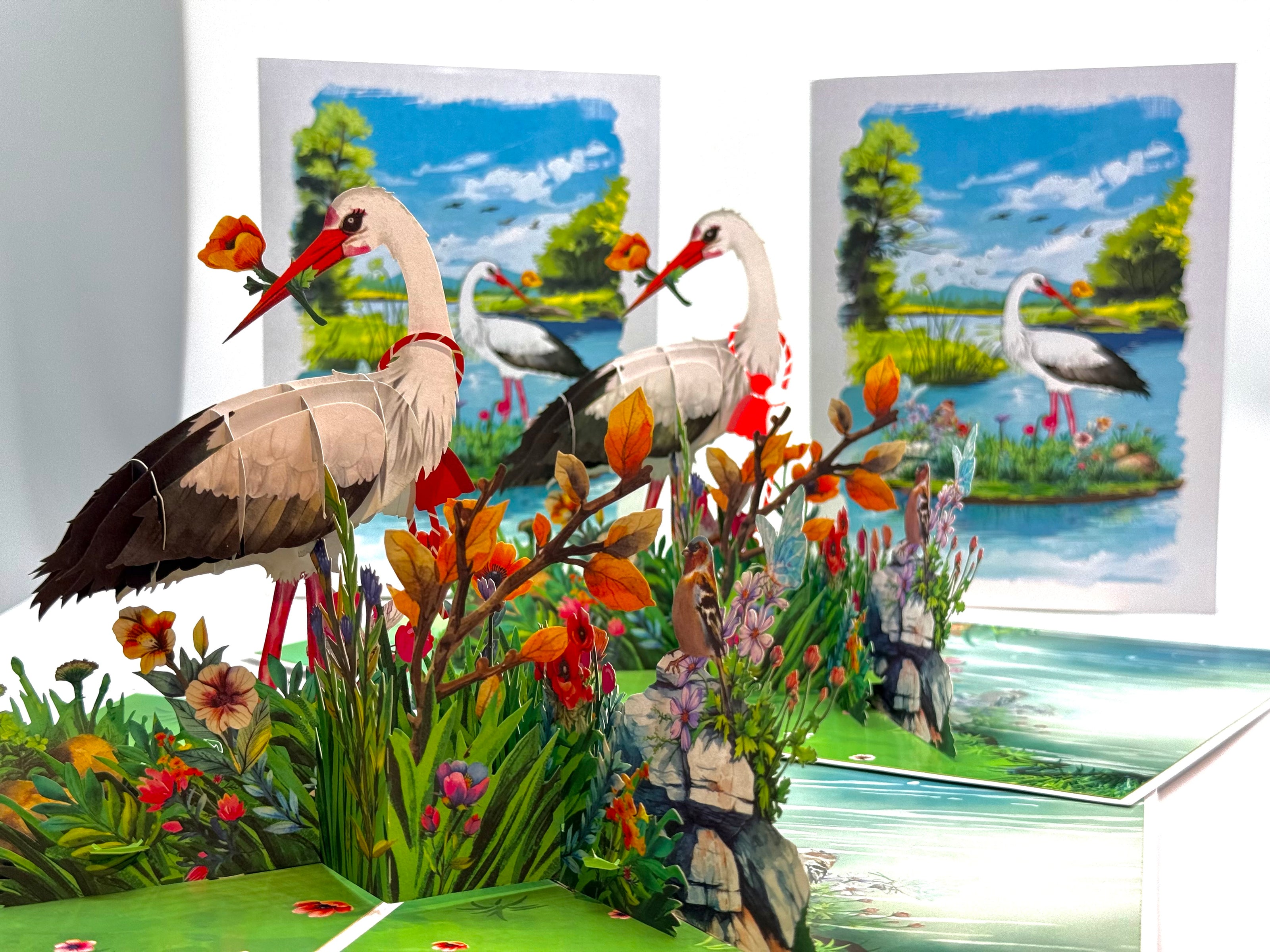 White Stork Bird in Lake with Spring Flowers Origami Pop Cards 3D Pop Up Greeting Card Best Wishes Happy Birthday Gift Thank You Handmade Best Wishes Blank Card for Any Occasion Happy Mother's Day Happy Father's Day Celebrate the Beauty Of Nature