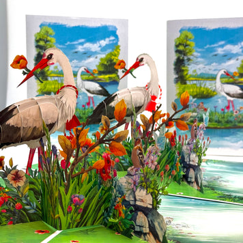 White Stork Bird in Lake with Spring Flowers Origami Pop Cards 3D Pop Up Greeting Card Best Wishes Happy Birthday Gift Thank You Handmade Best Wishes Blank Card for Any Occasion Happy Mother's Day Happy Father's Day Celebrate the Beauty Of Nature
