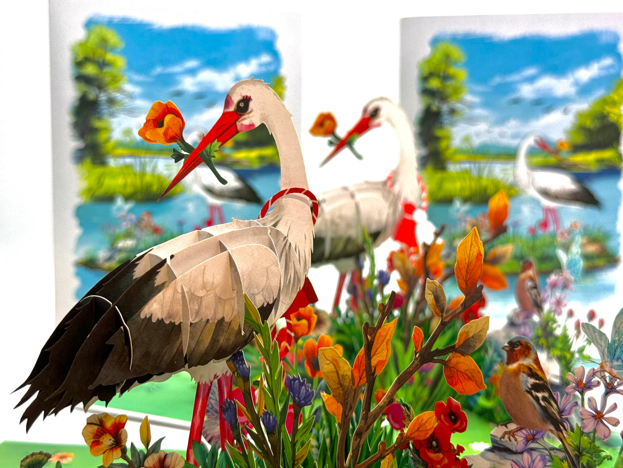 White Stork Bird in Lake with Spring Flowers Origami Pop Cards 3D Pop Up Greeting Card Best Wishes Happy Birthday Gift Thank You Handmade Best Wishes Blank Card for Any Occasion Happy Mother's Day Happy Father's Day Celebrate the Beauty Of Nature