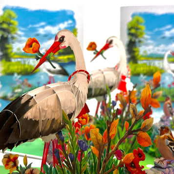 White Stork Bird in Lake with Spring Flowers Origami Pop Cards 3D Pop Up Greeting Card Best Wishes Happy Birthday Gift Thank You Handmade Best Wishes Blank Card for Any Occasion Happy Mother's Day Happy Father's Day Celebrate the Beauty Of Nature
