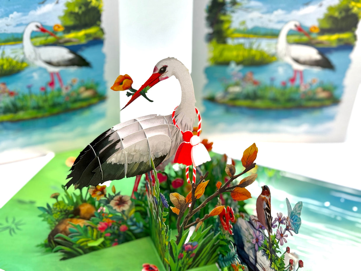 White Stork Bird in Lake with Spring Flowers Origami Pop Cards 3D Pop Up Greeting Card Best Wishes Happy Birthday Gift Thank You Handmade Best Wishes Blank Card for Any Occasion Happy Mother's Day Happy Father's Day Celebrate the Beauty Of Nature