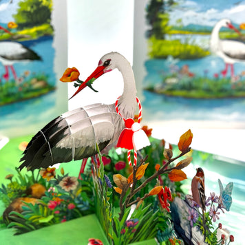 White Stork Bird in Lake with Spring Flowers Origami Pop Cards 3D Pop Up Greeting Card Best Wishes Happy Birthday Gift Thank You Handmade Best Wishes Blank Card for Any Occasion Happy Mother's Day Happy Father's Day Celebrate the Beauty Of Nature